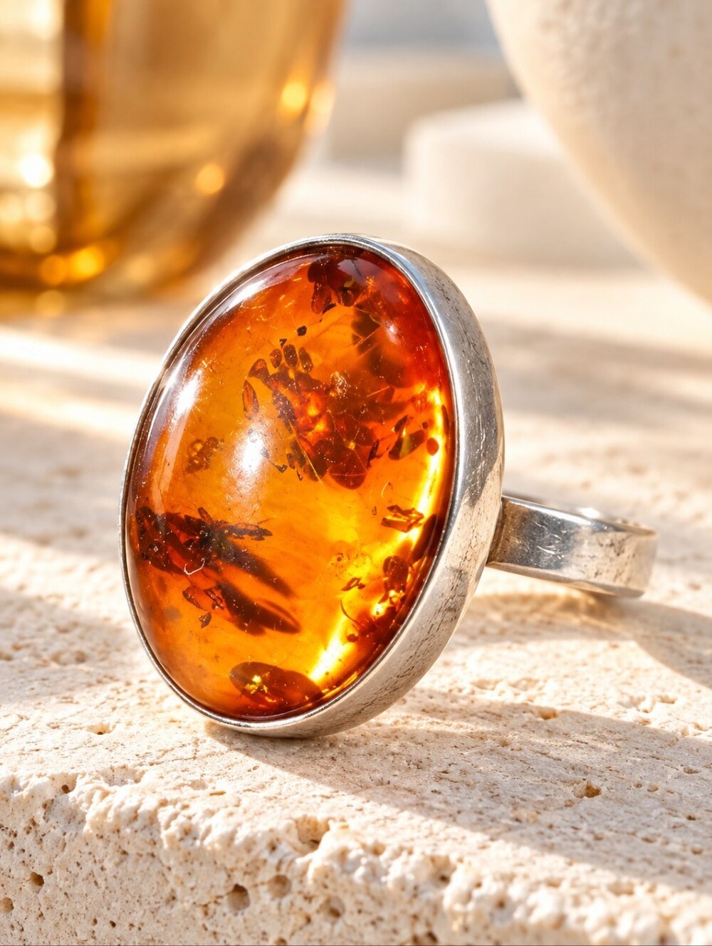 Vintage 925 Sterling Silver Amber Oval Cabochon Ring Size 5 Modernist